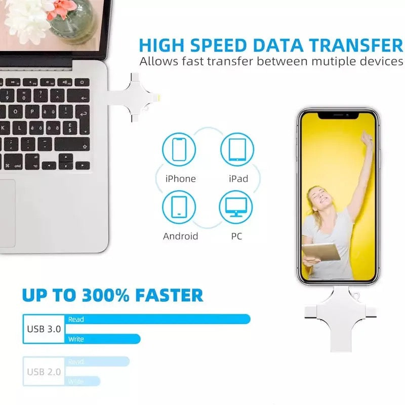 The Jeremiah 4 IN 1 128 GB USB flash drive 2.0/3.0 For iPhone and android.